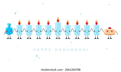 Happy Hanukkah! Greeting card for Jewish holiday of Hanukkah. Hanukkah donut sufganiyot, wooden dreidel (spinning top) and candles for menorah