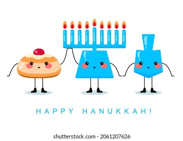 Happy Hanukkah! Greeting card for Jewish holiday. Hanukkah donut sufganiyot, wooden dreidel (spinning), menorah