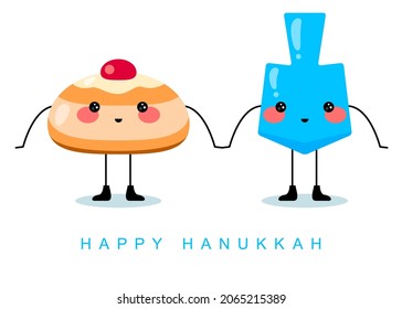 Happy Hanukkah! Greeting card for Jewish holiday. Hanukkah donut, wooden dreidel. Hanukkah symbols