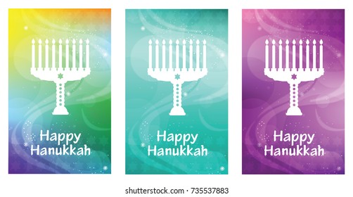 Happy Hanukkah greeting card with lettering and menorah. Jewish holiday magical banner template.