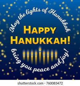 Happy Hanukkah greeting card, lights on dark background. Hanukkah party poster template or banner for social media. Starry night vector ilustration.
