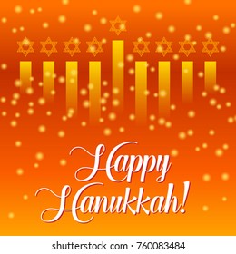 Happy Hanukkah greeting card, lights on dark background. Hanukkah party poster template or banner for social media. Menorah vector ilustration.