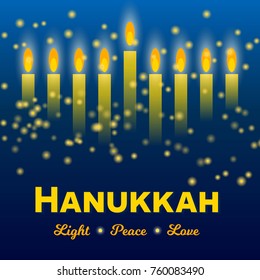 Happy Hanukkah greeting card, lights on dark background. Hanukkah party poster template or banner for social media. Menorah vector ilustration.