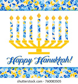 Happy Hanukkah greeting card, lights on dark background. Hanukkah party poster template or banner for social media. Menorah vector ilustration.