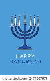 Happy Hanukkah greeting card with lit candles and lettering Happy Hanukkah.