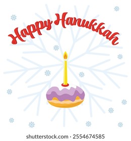 A Happy Hanukkah greeting card with a lit candle,  a jelly donut and a snowflake on a white background