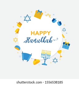 Happy Hanukkah Greeting Card with Menorah and Dreidels. Circle Postcard