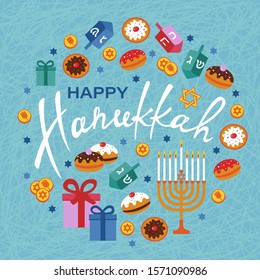 Happy Hanukkah greeting card with menorah, dreidels, gift boxes, hebrew letters, donuts, star David. Jewish Festival of Lights vector template.