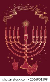 Happy Hanukkah greeting card. menorah and dreidel, red and gold poster print. Vector vintage illustration.