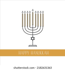 Happy Hanukkah Greeting Card.  Menorah Candle Holder With Flame And Text Line Art Design. Jewish Family Holiday. Vector Illustration On White Background