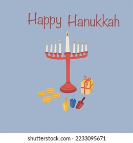 Happy Hanukkah greeting card with menorah candles gift and money