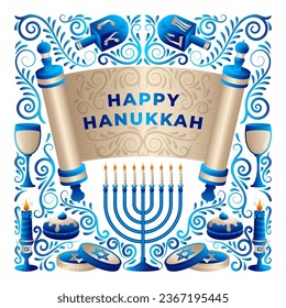 Happy Hanukkah greeting card with Menorah and Jewish symbols vector illustration 