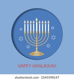 Happy Hanukkah Greeting Card With Menorah In Blue Traditional Jewish Celebration. Flat Style. Paper Effect. Vector illustration