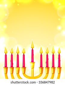 Happy Hanukkah, greeting card with menorah and space for text, vector illustration