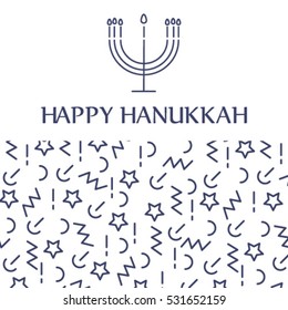 Happy hanukkah greeting card  with menorah on the white  background with star pattern. Thin line menorah icon.