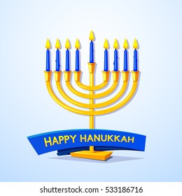 Happy Hanukkah, greeting card with menorah and ribbon, vector illustration