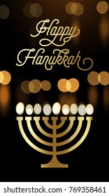 Happy Hanukkah greeting card of menorah candle lights and golden font for Jewish holiday greeting card design template. Vector Chanukah or Hanukah lights festival Menorah candelabrum golden bokeh.