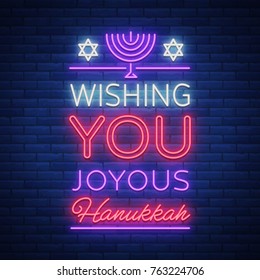 Happy Hanukkah, a greeting card in a neon style. Vector illustration. Neon luminous text on the subject of Chanukah. Bright banner, luminous festive sign. Jewish holiday.
