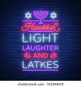 Happy Hanukkah, a greeting card in a neon style. Vector illustration. Neon luminous text on the subject of Chanukah. Bright banner, luminous festive sign. Jewish holiday.