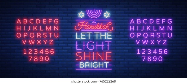 Happy Hanukkah, a greeting card in a neon style. Vector illustration. Neon luminous text on the subject of Chanukah. Bright banner, luminous festive sign. Jewish holiday.