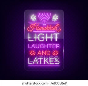 Happy Hanukkah, greeting card in a neon style. Vector illustration. Neon luminous text on the subject of Chanukah. Bright banner, luminous festive sign. Jewish holiday. Neon sign on transparent glass.