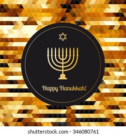 Happy Hanukkah greeting card on the gols abstract triangle background