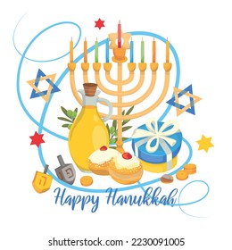 Happy Hanukkah greeting card or postcard, designed with lettering and hand drawn holiday symbols and attributes.