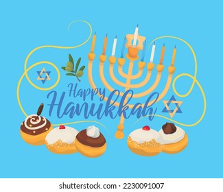 Happy Hanukkah greeting card or postcard, designed with lettering and hand drawn holiday symbols and attributes.