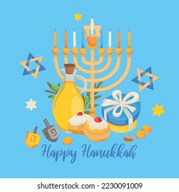 Happy Hanukkah greeting card or postcard, designed with lettering and hand drawn holiday symbols and attributes.