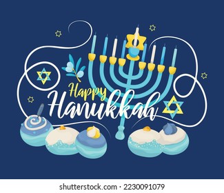 Happy Hanukkah greeting card or postcard, designed with lettering and hand drawn holiday symbols and attributes.