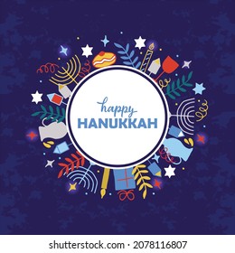 Happy Hanukkah greeting card. Set of elements: menorah, wreath, candles, donuts, branch, gifts, dreidel, oil, confetti, coins, Jewish star drawing in doodle style. Vector illustration, hand lettering