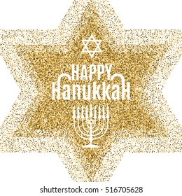 Happy Hanukkah greeting card in star form with gold glitter effect. Traditional Hanukkah symbols. Vector illustration.