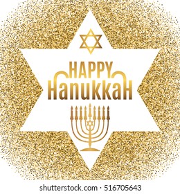Happy Hanukkah greeting card in star form with gold glitter effect. Traditional Hanukkah symbols. Vector illustration.
