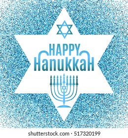 Happy Hanukkah greeting card in star form with blue glitter effect. Traditional Hanukkah symbols. Vector illustration.