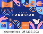 Happy Hanukkah greeting card with symbols of Jewish holiday. Template for banner, flyer with Torah, menorah candles, dreidels, donuts, oil jar, star David and place for your text. Vector illustration.