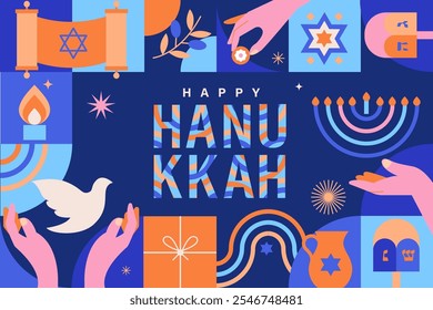 Glückliche Hanukkah Grußkarte mit Symbolen des jüdischen Feiertages. Vorlage für Banner, Flyer mit Tora, Menorakerzen, Holzdreidel, Ölglas, Stern David und Platz für Ihren Text. Vektorgrafik.