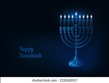 Happy Hanukkah Greeting Card Template With Glowing Low Poly Traditional Jewish Menorah With Burning Candles And Text Happy Hannukah On Dark Blue Background. Modern Wireframe Design Vector Illustration