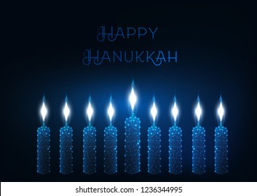 Happy hanukkah greeting card template with nine glowing burning candles on dark blue background. Futuristic low polygonal wireframe design vector illustration.