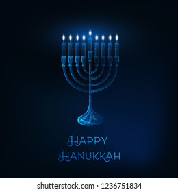 Happy hanukkah greeting card template with glowing low polygonal menorah with nine burning candles and text on dark blue background. Modern wireframe design vector illustration.