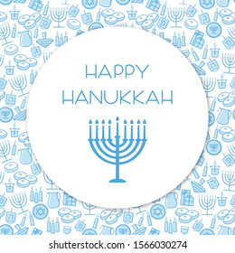 Happy Hanukkah greeting card template design. Holiday symbols: menorah (candlestick), candles, donuts, gifts, dreidel. Vector illustration