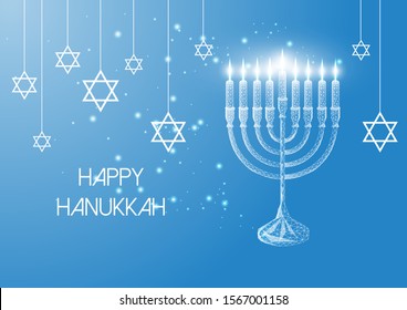 Happy Hanukkah greeting card template with glowing low polygonal menorah and burning candles on blue background. Modern wire frame mesh design vector illustration.