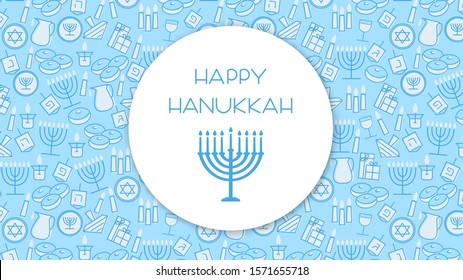 Happy Hanukkah greeting card template design. Holiday symbols: menorah (candlestick), candles, donuts, gifts, dreidel. Vector illustration