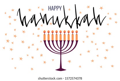 Happy Hanukkah greeting card template with menora and candles. Hand drawn flat vector illustration. Handwritten brush lettering.