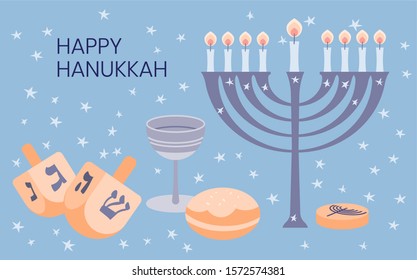 Happy Hanukkah greeting card template with menora, dreidel, chocolate coins and jelly donuts. Hand drawn flat vector illustration.