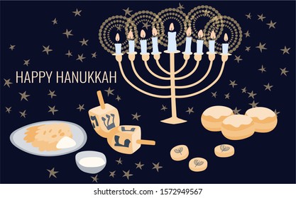 Happy Hanukkah greeting card template with menora, dreidel, chocolate coins and jelly donuts. Hand drawn flat vector illustration.