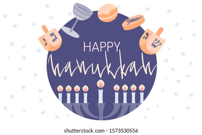 Happy Hanukkah greeting card template with menora, dreidel, chocolate coins and jelly donuts. Hand drawn flat vector illustration. Handwritten lettering.