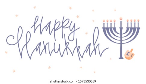 Happy Hanukkah greeting card template with handwritten lettering, menorah and dreidel. Hand drawn flat vector illustration.