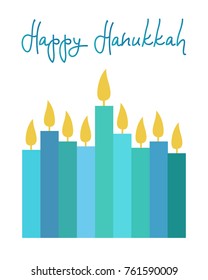 Happy Hanukkah greeting card template. Colorful candles with handwritten lettering on white background. Simple vector design for holiday cards, backgrounds, banners, flyers.