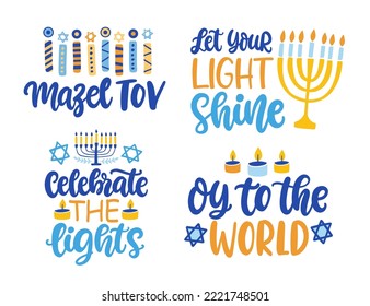 Happy Hanukkah Greeting Card templates design set. Jewish holiday inscription quotes collection. Traditional Israel festive typographic posters. Vector illustration isolated on white background