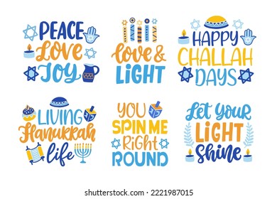 Happy Hanukkah Greeting Card templates design set. Jewish holiday inscription quotes collection. Traditional Israel festive typographic posters. Vector illustration isolated on white background